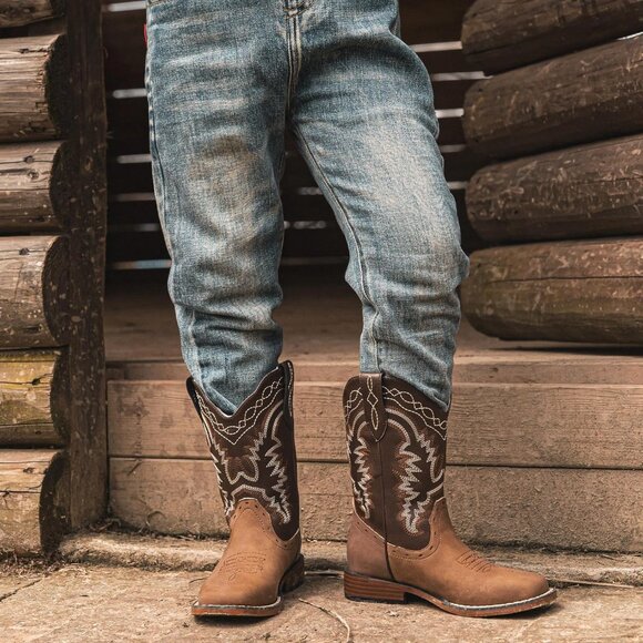 ⚡Kid Brown/Tan Synthetic Cowboy Western Riding Shoes Square Toe Wide Calf Boot - Picture 3 of 8